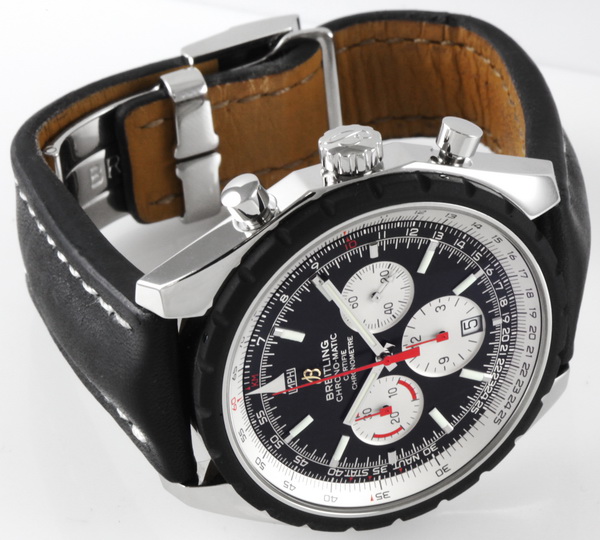 The durable watches fake Breitling Chronomatic A14360 have black calf leather straps.