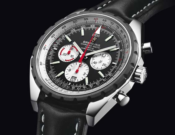 The 49 mm fake Breitling Chronomatic A14360 watches have black dials, luminant hour marks and hands, white sub-dials and date windows.
