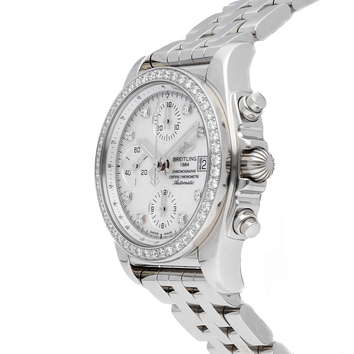 The 38 mm replica Breitling Chronomat A1331053 watches have white mother-of-pearl dials.