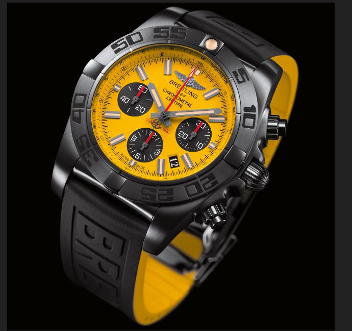The 44 mm fake Breitling Chronomat MB0111C3 watches have yellow dials.