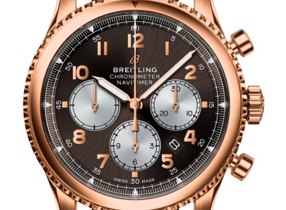 The 43 mm copy Breitling Navitimer Chronograph RB0117131Q1P1 watches have brown dials.