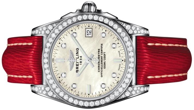 The 36 mm fake Breitling Galactic 36 A7433063 watches have red alligator leather straps.