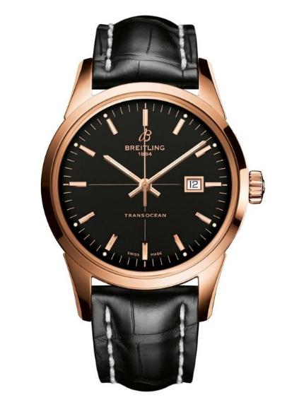 The black dials copy Breitling Transocean R1036012 watches have black leather straps.