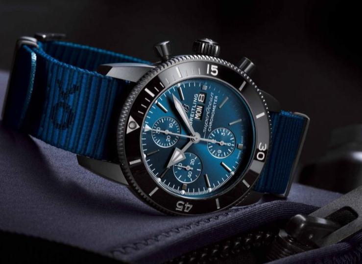 The special fake Breitling Superocean Heritage II Chronograph 44 Outerknown M133132A1C1W1 watches have blue ECONYL® straps.