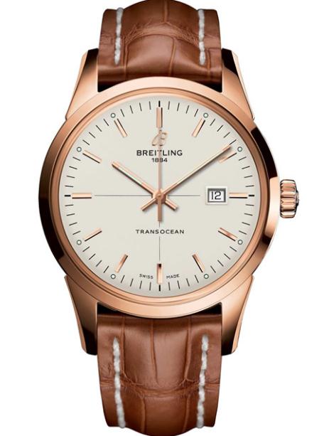 The silvery dials fake Breitling Transocean R1036012 watches have brown leather straps.