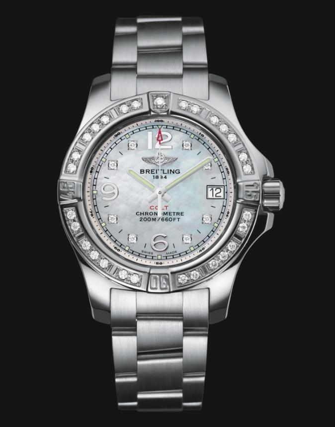 The white mother-of-pearl dials replica watches are decorated with diamonds.