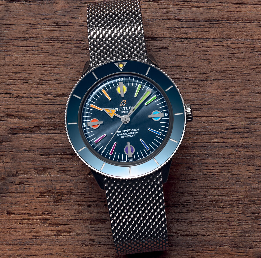The rainbow hour markers make this Breitling more eye-catching.