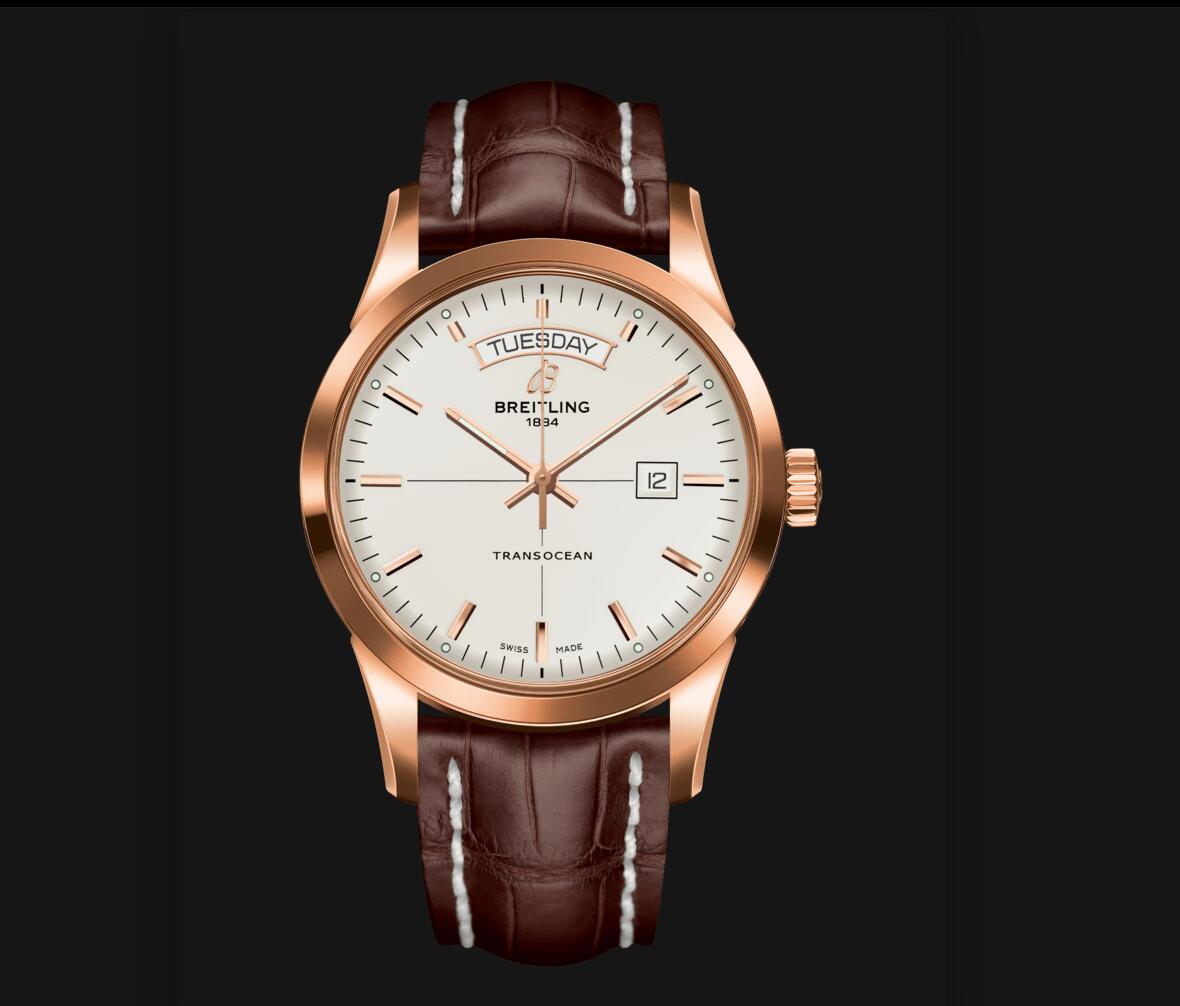 The brown strap fake watch is made from 18k rose gold.
