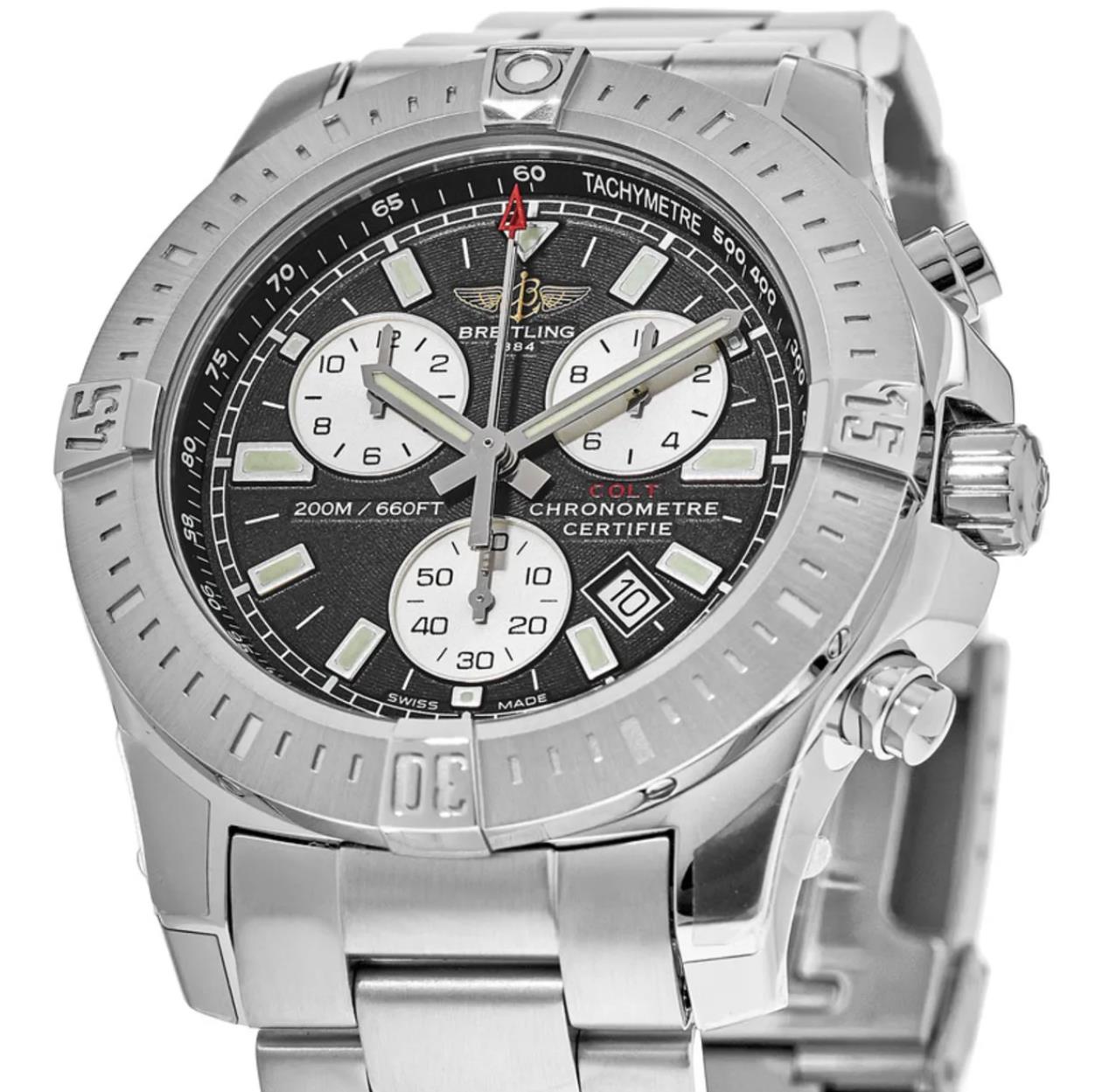 The black dial fake watch has a date window.