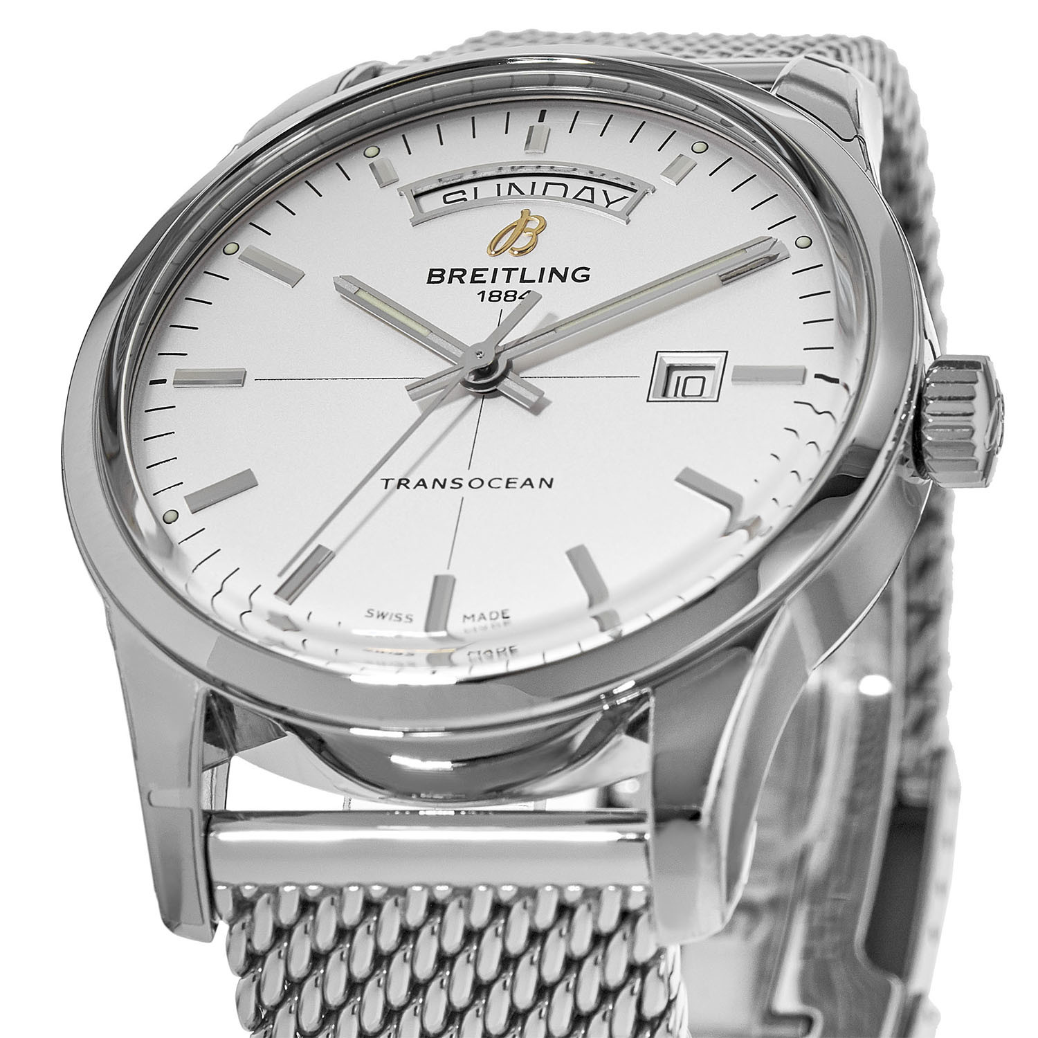 The 43mm replica watch has a silvery dial.